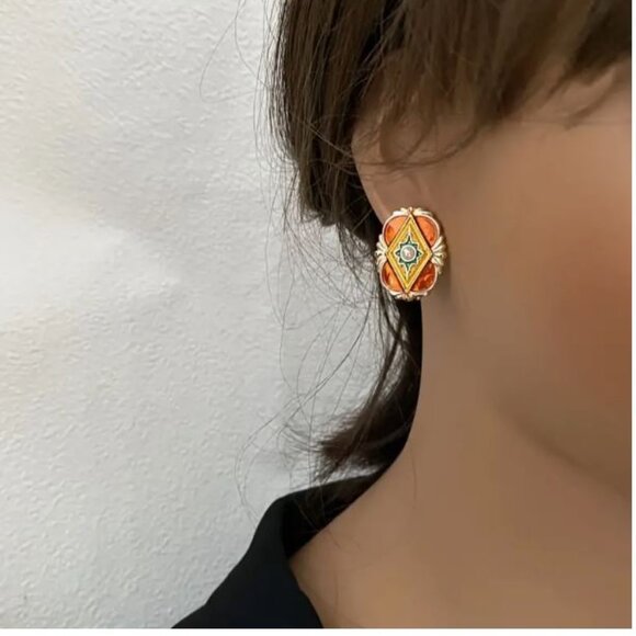 NEW Amelia Art Deco Copper Orange Enamel 18K Gold Plated Earrings - Picture 2 of 4